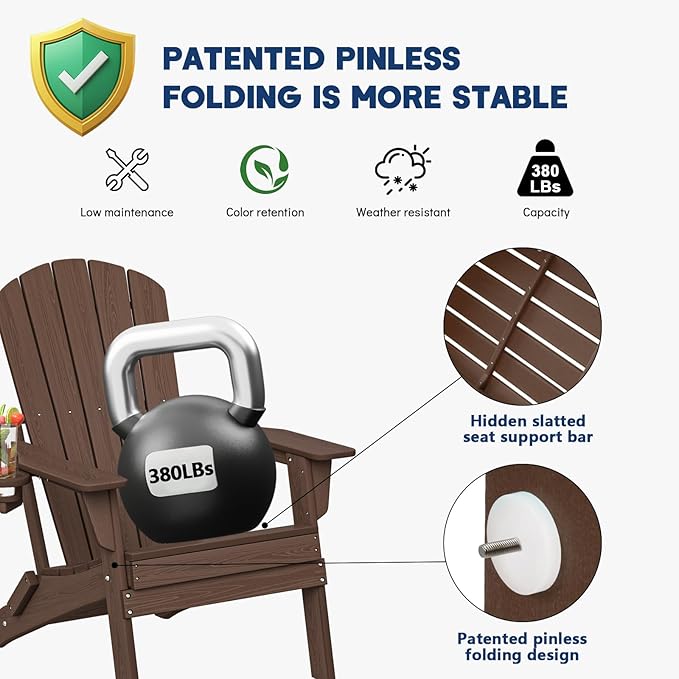 Plawdlik Folding Adirondack Chair SGS Tested Wooden Textured with Cup Holder Heavy All-Weather HDPE Comfortable Set Poolside Backyard Lawn Coffee