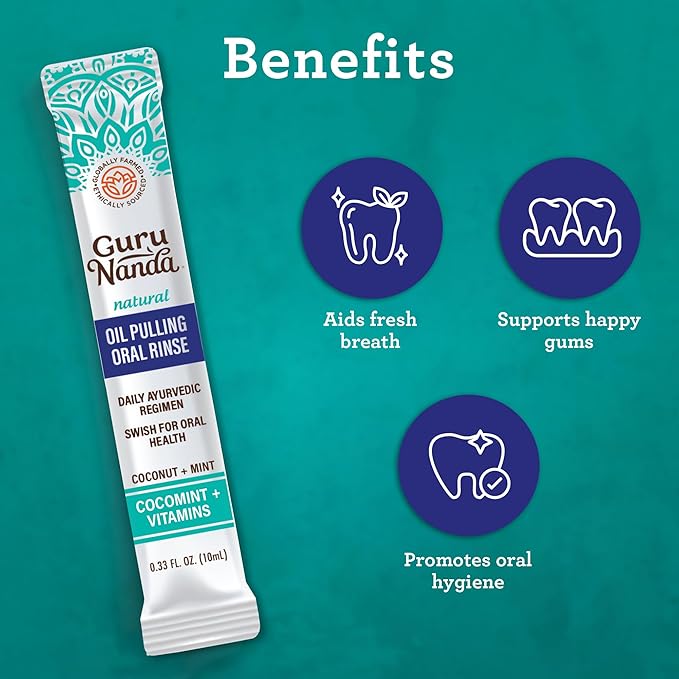 GuruNanda Travel Sachets Coconut Oil Pulling Fresh Breath Mouthwash 7 Essential Oils &amp Vitamins for Happy Teeth &amp Gums with Tongue Scraper 28 Sachets