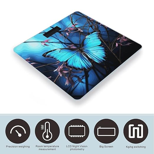 Blue Butterfly and Bamboo Bathroom Scale for Body Weight Bathroom Weighing Scale with Backlit LCD Display Highly Accurate Measures Weight Up to 180kg