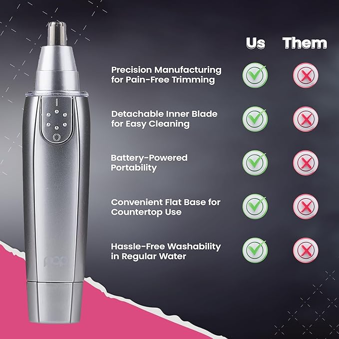 Ear and Nose Hair Trimmer for Men &amp Women (Silver) – Battery Operated Precision Trimmer for Unwanted Hair – Washable Detailer Trimmer w/ Detachable Blade &amp Flat Base – Portable Grooming Tools