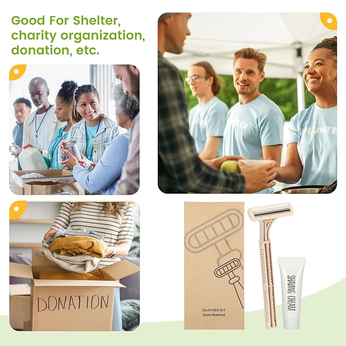 Eco-Friendly Wheat Straw Disposable Shave Kit - 50 Pcs Wheat Straw Razors and Shaving Cream(10g) Bulk Individually Sealed for Hotel Airbnb Camping Travel Homeless Shelters and Charities