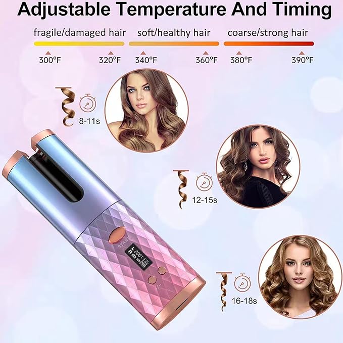 Automatic Curling Iron Wireless Auto Rotat Ceramic Hair Curler Cordless Automatic Hair Curler with LCD Display 6 Temps and Timers USB Charging Auto Shut-Off Create Stunning Curls