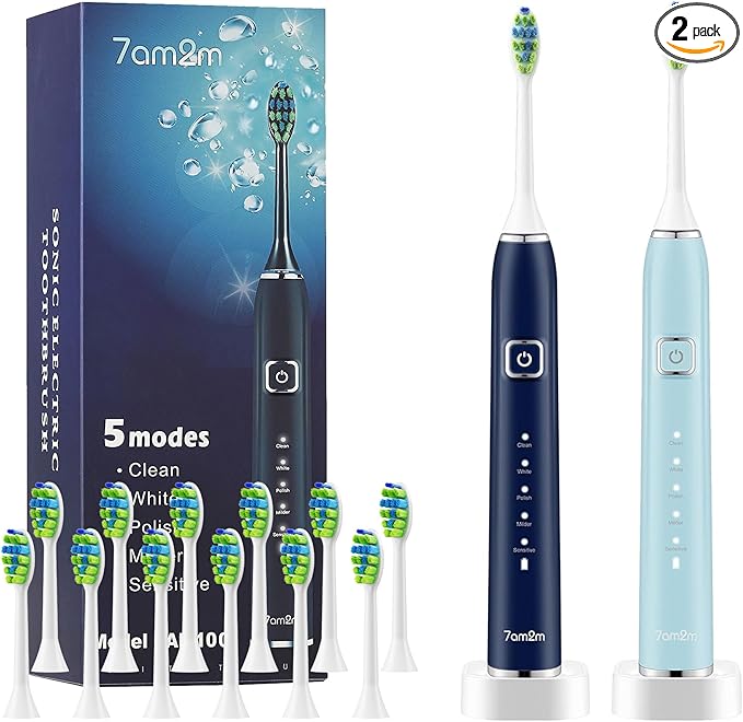 7AM2M Electric Toothbrush 2 Pack Set for Adults 12 Replacement Brush Heads 5 Adjustable Modes Built-in 2-Minute Smart Timer Fast Charge for 60 Days IPX7 Waterproof Navy &amp Light Blue