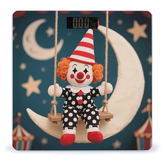 Clown on Crescent Swing Scale for Body Weight Sturdy Tempered Glass Weighing Scales with LCD Display Accurate Digital Bathroom Scale Convenient Body Fat Smart Scales Easy Read