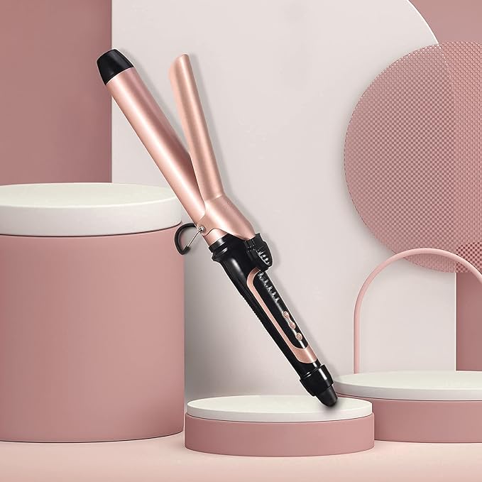 Lanvier 1.25 Inch Clipped Curling Iron with Extra Long Tourmaline Ceramic Barrel Professional Hair Curler up to 450°F Dual Voltage for Traveling Hair Waving Style Tool for Girls &amp Women-Rose Gol