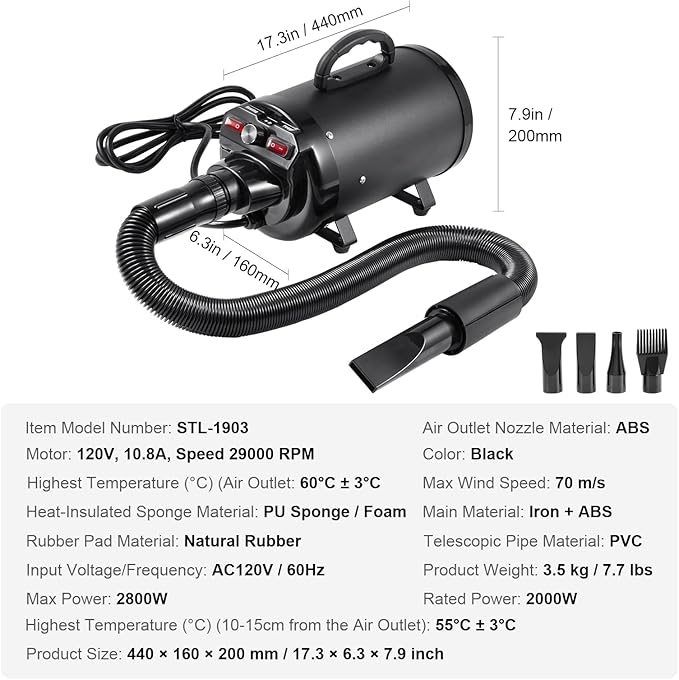 Happybuy Dog Dryer: A 2000W/2.7HP Powerhouse for Pet Grooming. Featuring Adjustable Speed and Temperature Control Along with 4 Nozzles and an Extendable Hose