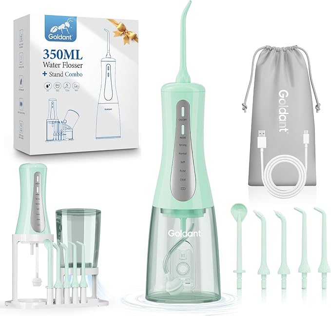2026 New 350ML Water Flosser with Drainage &amp Storage Stand Keeps Dry &amp Clean 5 Modes 360°Nozzle Cordless Rechargeable IPX7 Waterproof Portable for Home &amp Travel (Green)