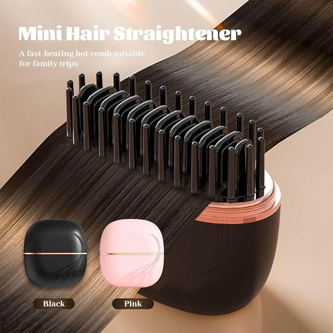 Mini Straightener Brush – Portable Hair Straightener Brush Fast Heating Mini Hair Straightener with 3-Speed Temperature Control &amp Anti-Scald Shell Compact Travel Hair Styling Comb (Pink)