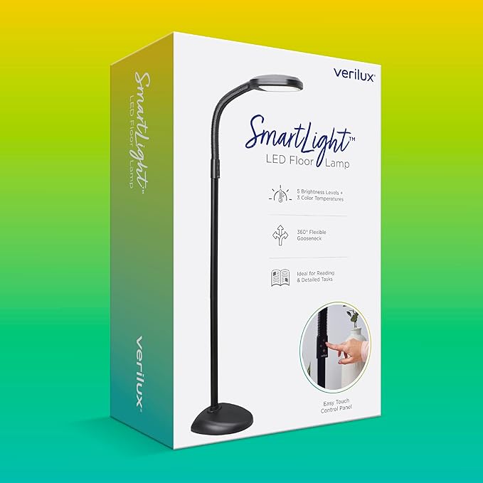 Verilux SmartLight Full Spectrum LED Modern Floor Lamp with Adjustable Brightness Flexible Gooseneck and Easy Controls - Reduces Eye Strain and Fatigue - Ideal for Reading Artists Craft (Black)