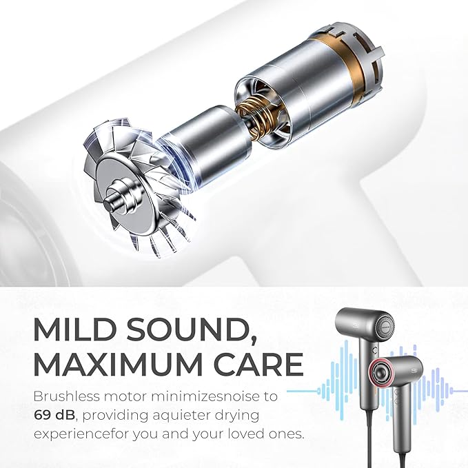 TYMO Ionic Hair Dryer for Women Professional Blow Dryer with 110000 RPM Brushless Motor for Fast Drying Travel Lightweight AIRHYPE Lite Hairdryer Low Noise 4 Temps &amp 3 Speeds for Man Silver