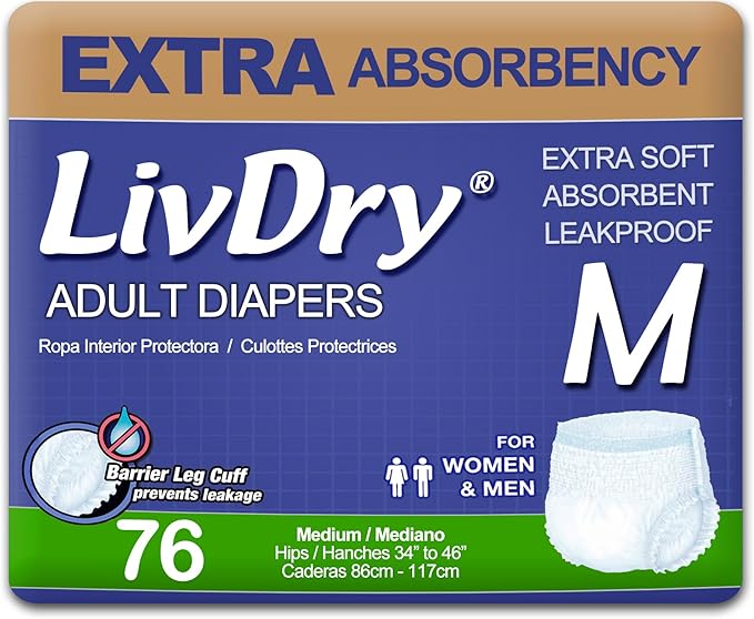 LivDry Adult Incontinence Underwear Extra Absorbency Adult Diapers Leak Protection Medium 76-Pack