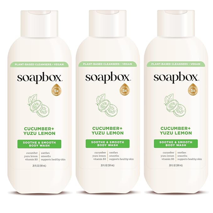 Soapbox Cucumber + Yuzu Lemon Body Wash for Women Men Vegan + Antioxidant Rich Soothing Moisturizing Soap with Shea Butter Peptides &amp Keratin Promoting B3 3 Pack 20oz Each