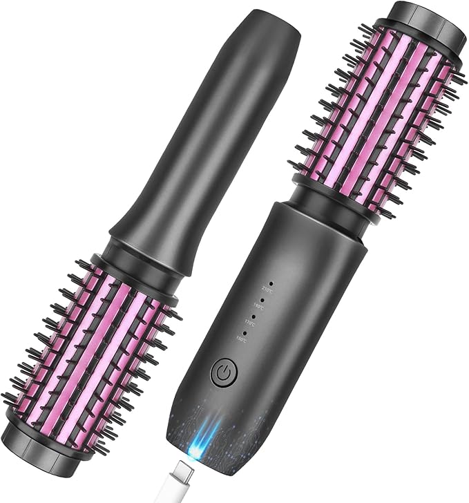 Cordless Curling Iron Brush 2024 New Portable Travel Curling Iron Mini Brush for Women 7000Mah USB Rechargeable Curling Wand Brush with Negative Ion Gray