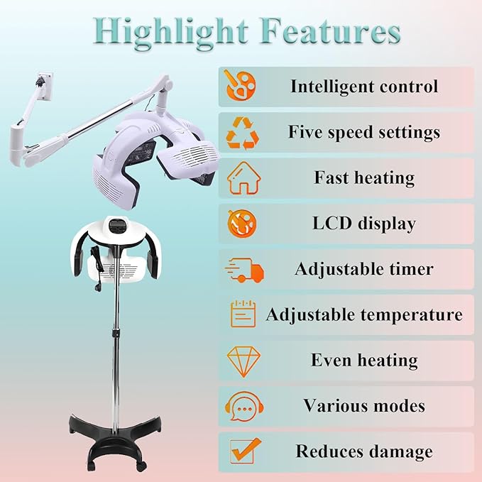 1250W Temperature Adjustable Salon Hair Perming MachineMultifunction Professional Hair Dryerwith Adjustable Arm for Salon Home Hair Care FloorStandingType