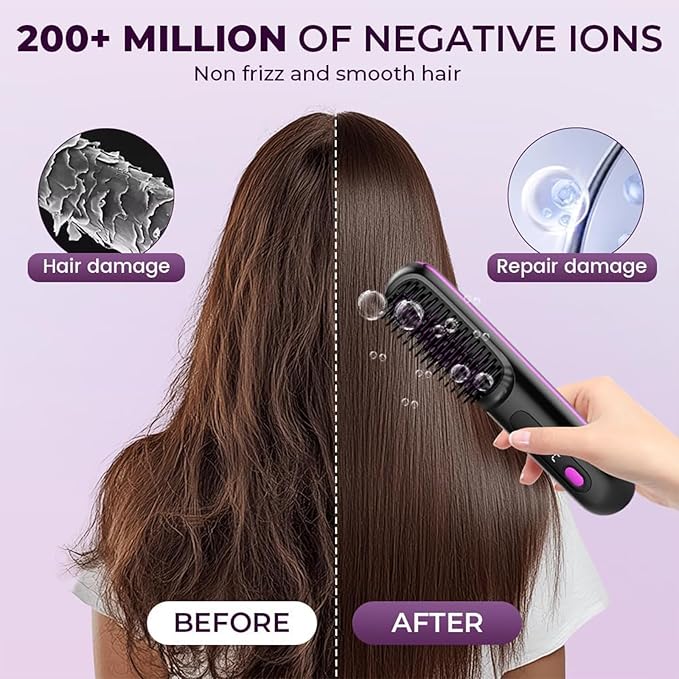 Cordless Hair Straightener Brush Go Brush Pro Portable Mini Straightening Brush for Women with 3 Temperature Settings LED Display Fast Heating Hair Straightener Comb for Travel Smooth Frizz Hair