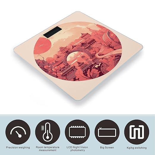 Chinese Architectural Patterns Bathroom Scale Automatic Power On/Off Body Scales LCD Backlight Display Square Digital Scale Rounded Corners Bathroom Scales for Home Bedrooms