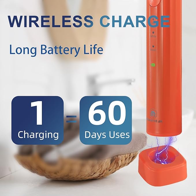 Ultrasonic U Shaped Toothbrush for Adults Electric Toothbrush for 360-degree Cleaning with Wireless Charging Waterproof IPX7 3 Modes for Teeth Whitening(Orange)