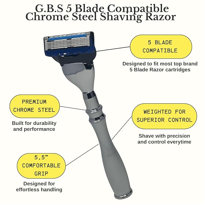 G.B.S 5 Blade Compatible Chrome Steel Shaving Razor – Weighted Handle for Maximum Control – Luxury Men's Razor for a Smooth Close Shave – Compatible with Leading 5-Blade Cartridges
