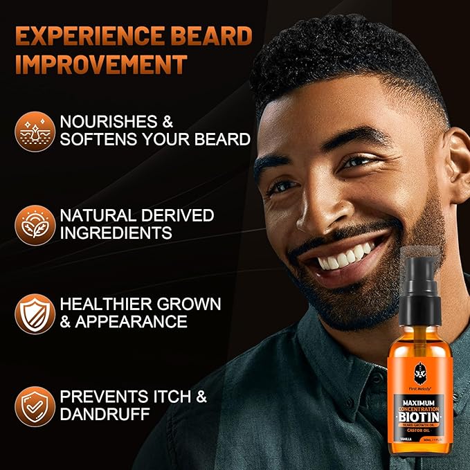 Beard OilMaximun Thickening Biotin with Castor Oil and Argan &amp Jojoba Oils Promotes Beard Growth Styles Strengthens &amp Softens Beards &amp Mustaches1 Ounce*2（2 Pack）