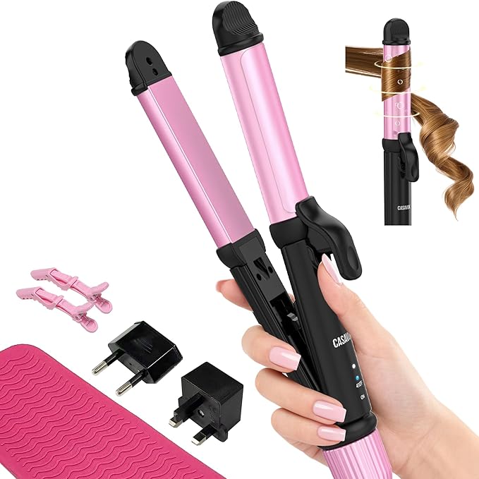 Dual Voltage Curling Iron for Travel110V-240V Curling Iron 1 inch with European Plug Adapter2 in 1 Hair Straightener and CurlerCeramic Curling Irons for Short HairHeat-Resistant Pad(Pink)