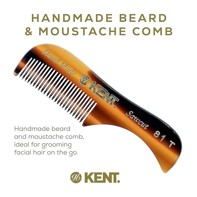 Kent A 81T X-Small Gentleman's Beard and Mustache Pocket Comb Fine Toothed Pocket Size for Facial Hair Grooming and Styling. Saw-cut of Quality Cellulose Acetate Hand Polished. Hand-Made in England