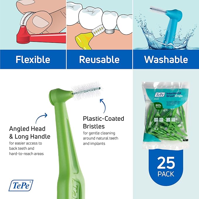 TePe Interdental Brush Angle Angled Dental Brush for Teeth Cleaning Pack of 25 0.8 mm Large Gaps Green Size 5