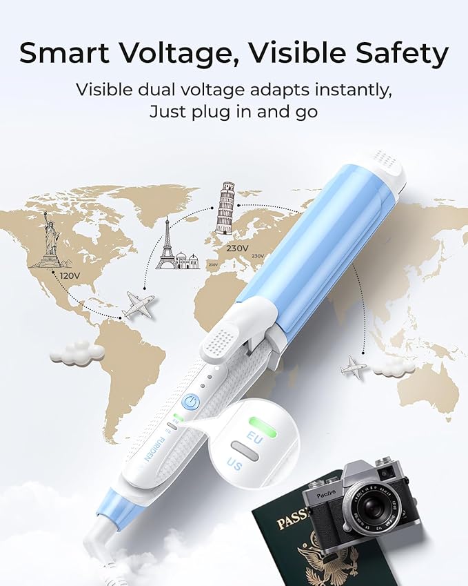Dual-Voltage Curling Iron: Smart Voltage 1 1/2 inch Ceramic Barrel for Long Hair Traveler - European Travel Curling Iron with Clamp Blue