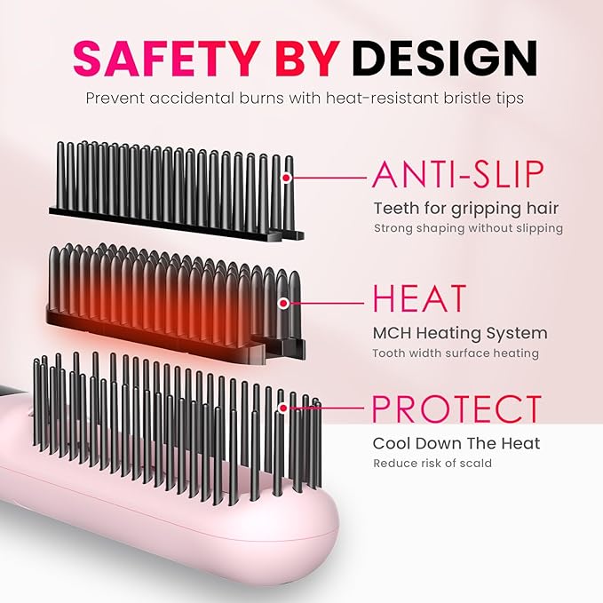 Hair Brush: 1 Inch Brush for Curly Hair with Anti-Scald Bristles Straightening Comb with Negative Iron for Women - 3 Temp Settings &amp LED Display (Pink)