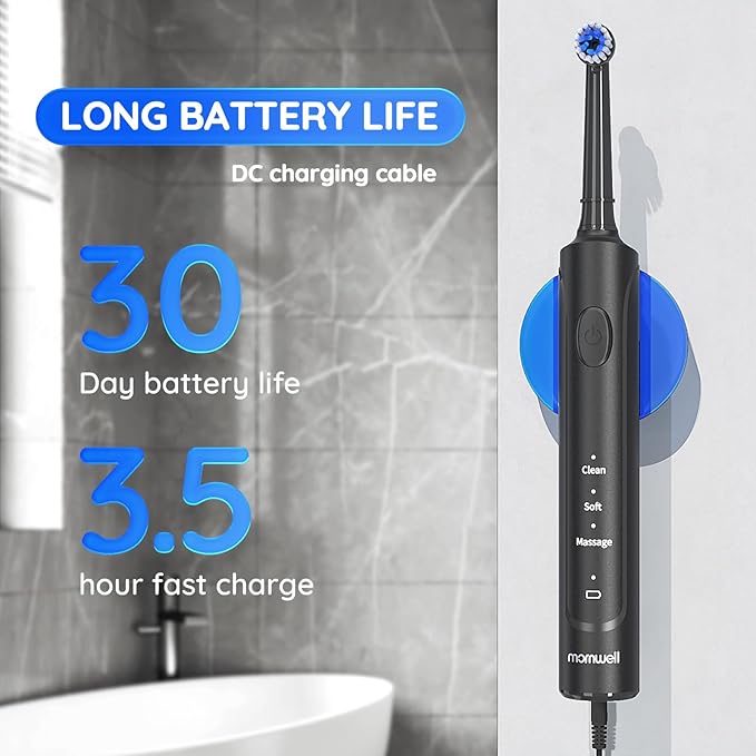 mornwell Electric Toothbrush USB Fast Charging 3 Modes Rotary Toothbrushes Rechargeable Spin Toothbrushes with 4 Round Brush Heads for Adults &amp Kids (Over 8 Years Old)