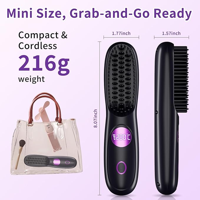 Cordless Hair Straightener Brush - Mini Portable Fast Heating Hair Straightener for Travel -USB Rechargeable Ceramic Straightening Comb with LED Display -3 Adjustable Heat Settings for Short/Long Hair