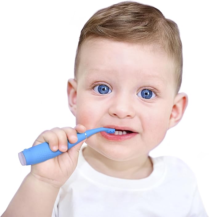 FOREO ISSA 4 Baby – Silicone Sonic Electric Toothbrush Bundle for Babies 2-Sided Bristles Fun Smile Feature Gum Massage 12 Months of Care with Extra Brush Head Travel-Friendly - Bubble Blue