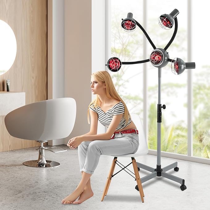 Hairdressing Heater 5-Head Infrared Heat Lamp 750W Salon Hair Steamer with 4 Wheels Adjustable Infrared Hair Dryer Color Processor Accelerator Hair Styling Perming Dyeing Machine (Silver-grey)