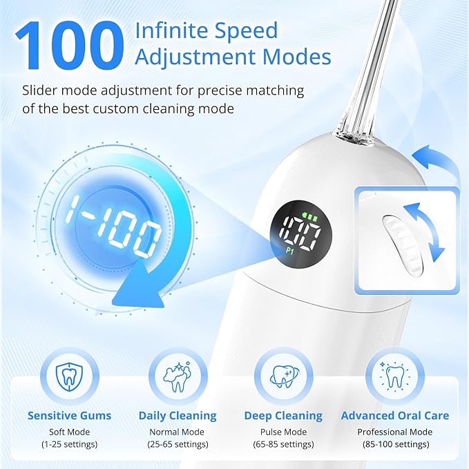 Portable Water Flosser for Teeth 100 Power Levels (0-150-PSI Variable Pressure) Mini Cordless Electric Floss for Tooth Cleaning and Flossing IPX7&amp250ML Water for Braces Aldult White