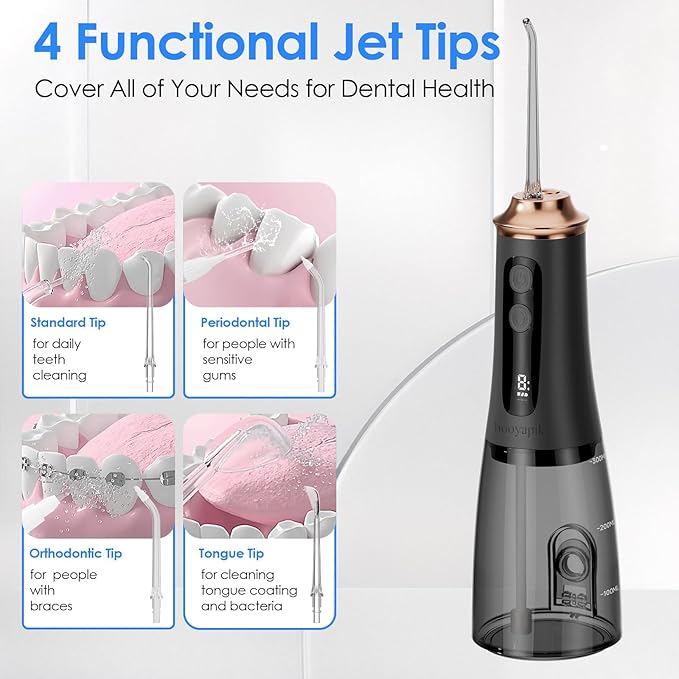 300ml Large Capacity Home Oral Irrigator 9 Modes Water Flosser with Adjustable Pressure for Gum Care/Breath Remover/Dentures (Black&ampGold)