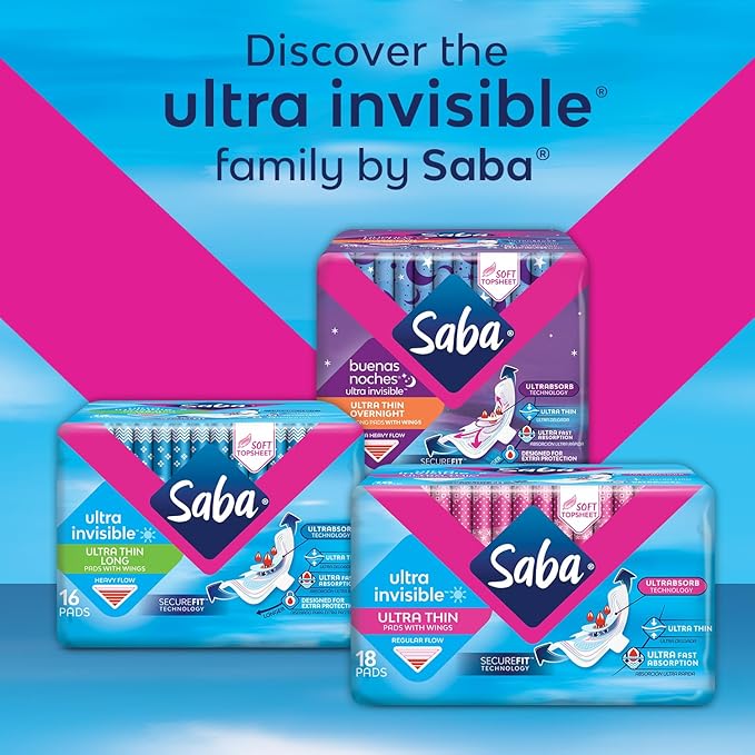 SABA Ultra Invisible Ultra Thin Long Pads with Wings Heavy Flow 6-Pack of 16 Pads (96 Count)