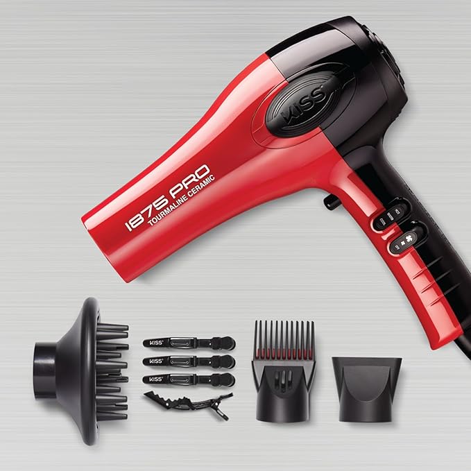 KISS 1875 Watt Pro Tourmaline Ceramic Hair Dryer Styling Edition 3 Heat Settings 2 Speed Settings Cool Shot Button 7 Blow Dryer Accessories Included 2-Year Warranty - Red