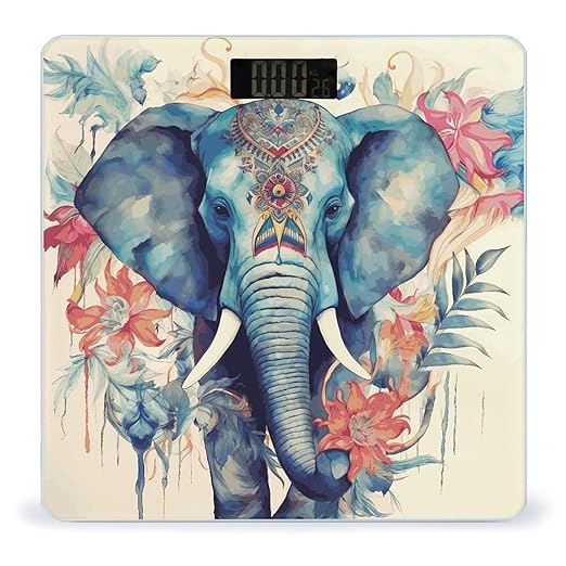 Peacock Feathers Elephant Bathroom Scale for Body Weight Bathroom Weighing Scale with Backlit LCD Display Highly Accurate Measures Weight Up to 180kg