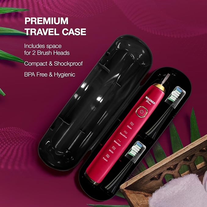 Wagner Stern The Ruby Red Edition ultrasonic whitening Electric Toothbrush Features Five Brushing Modes Eight Soft Brush Heads and a Premium Travel case.