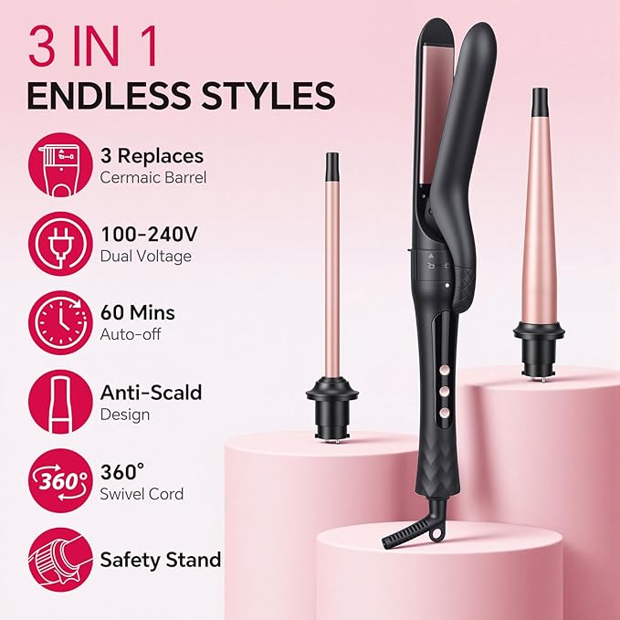 Curling Iron Set 3 in 1 Curling Wand with Interchangeable Ceramic Barrels 0.35 to 1 Inch Flat Iron Hair Straightener 14 Temps Fast Heat Dual Voltage Travel Hair Curler