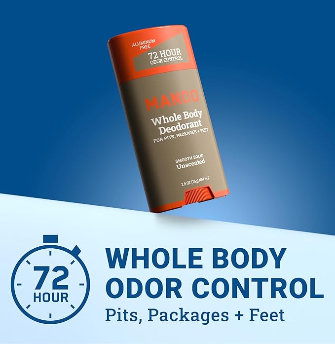 Mando Whole Body Deodorant For Men - Smooth Solid Stick - 72 Hour Odor Control - Aluminum Free Baking Soda Free Skin Safe - 2.6 Ounce (Pack of 2) - Unscented