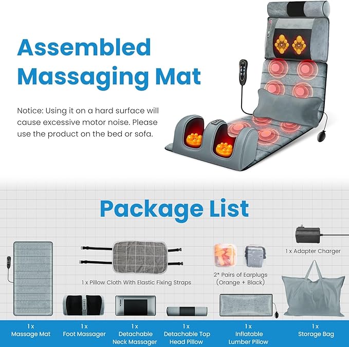 KOCASO Full Body Electric Massage Mat Heating Vibration with Neck Foot Massage Head Pillow and Cloth Lumbar Pillow Timer Anti-Slip Bottom Earplugs - for Relaxation &amp Stress Relief(Advanced)