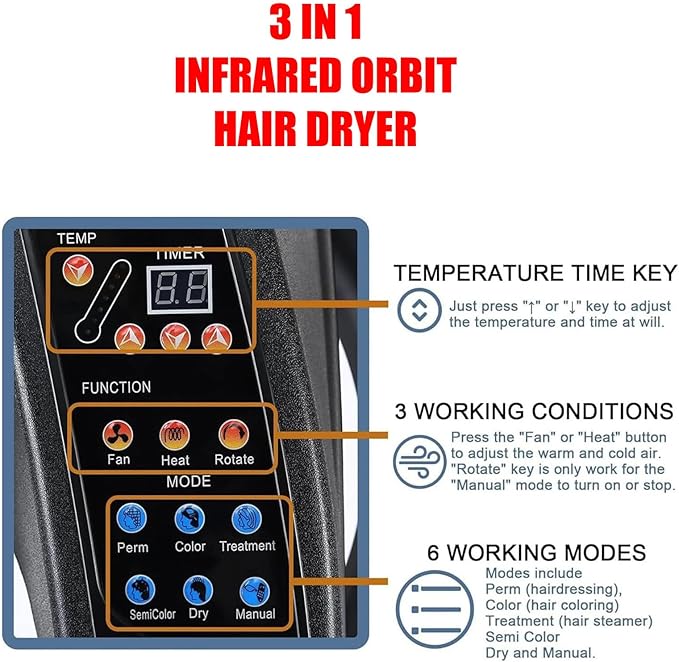 3 in 1 Professional Salon Hair Dryer Wall Mount 950W/1200W Adjustable Timer &amp Temperature Orbiting HD LCD Display Floor-Standing Hair Spa Color Processor Heater