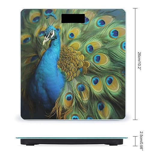 Peacocks Feather Scale for Body Weight Anti-Slip Tempered Glass Digital Bathroom Scales Clear LCD Display Weighing Scale Safe Rounded Corners Smart Scales