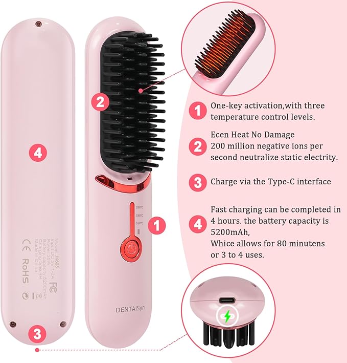 Cordless Hair Straightener Brush - Portable Hair Brush for Travel - 30s Fast Heating - Portable Straightening Brush for Travel Mini Hot Straightening Comb for Women