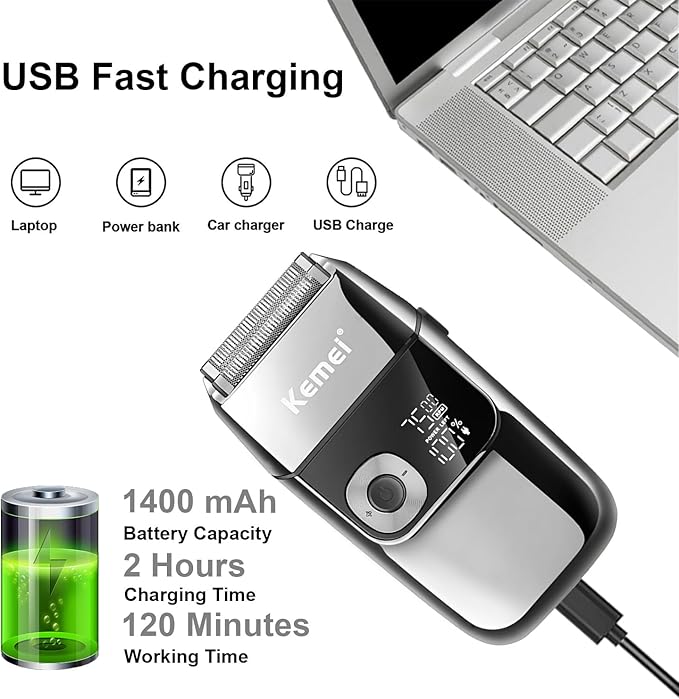 KEMEI Electric Razors for Men LCD Display Cordless Men's Razors USB Rechargeable with Pop-up Beard Trimmer Best Worldwide Travel Gift Model KM 2028 Silver
