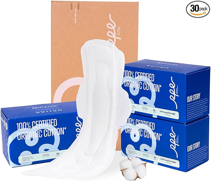 100% Organic Super Long Overnight Pads with Wings Extra Heavy Sanitary Pad for Women Ultimate Absorbency Ultra Thin Extra Coverage Cotton Period Menstrual Pads (Extra Long Overnight Size 6 30ct)