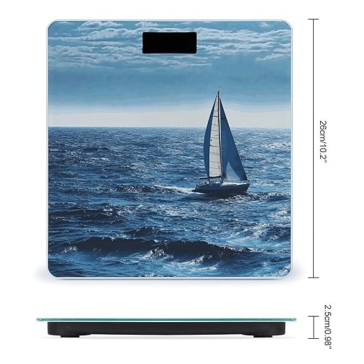 Blue Sea Sailboat Scale for Body Weight Anti-Slip Tempered Glass Digital Bathroom Scales Clear LCD Display Weighing Scale Safe Rounded Corners Smart Scales