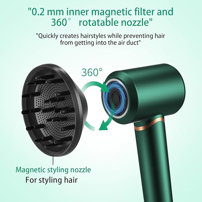 Hair Dryer Negative Ionic Blow Dryer for Fast DryingLow NoiseThermo Control Hair Dryer 2 Speed and 3 Heat SettingsCold Air Button with 1 Diffuser 110000 RPM High Speed Brushless Motor (Green)