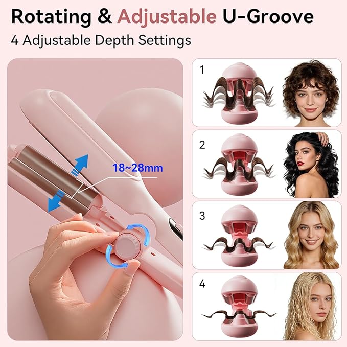 Adjustable Curling Iron Hair Crimper for Women - 1&amp1.25 Inch Waver Tool Creates Beach Waves &amp Tight Curls Anti-Scald Fast Heating Dual Voltage&ampTravel Hair Brush