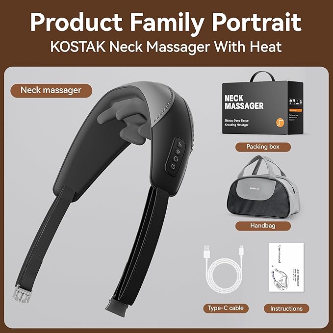 Shiatsu Neck and Shoulder Massager with Heat for Pain Relief Deep Tissue Portable Massagers for Neck and Back Gifts for Men and Woman (Black with Leather Handbag)